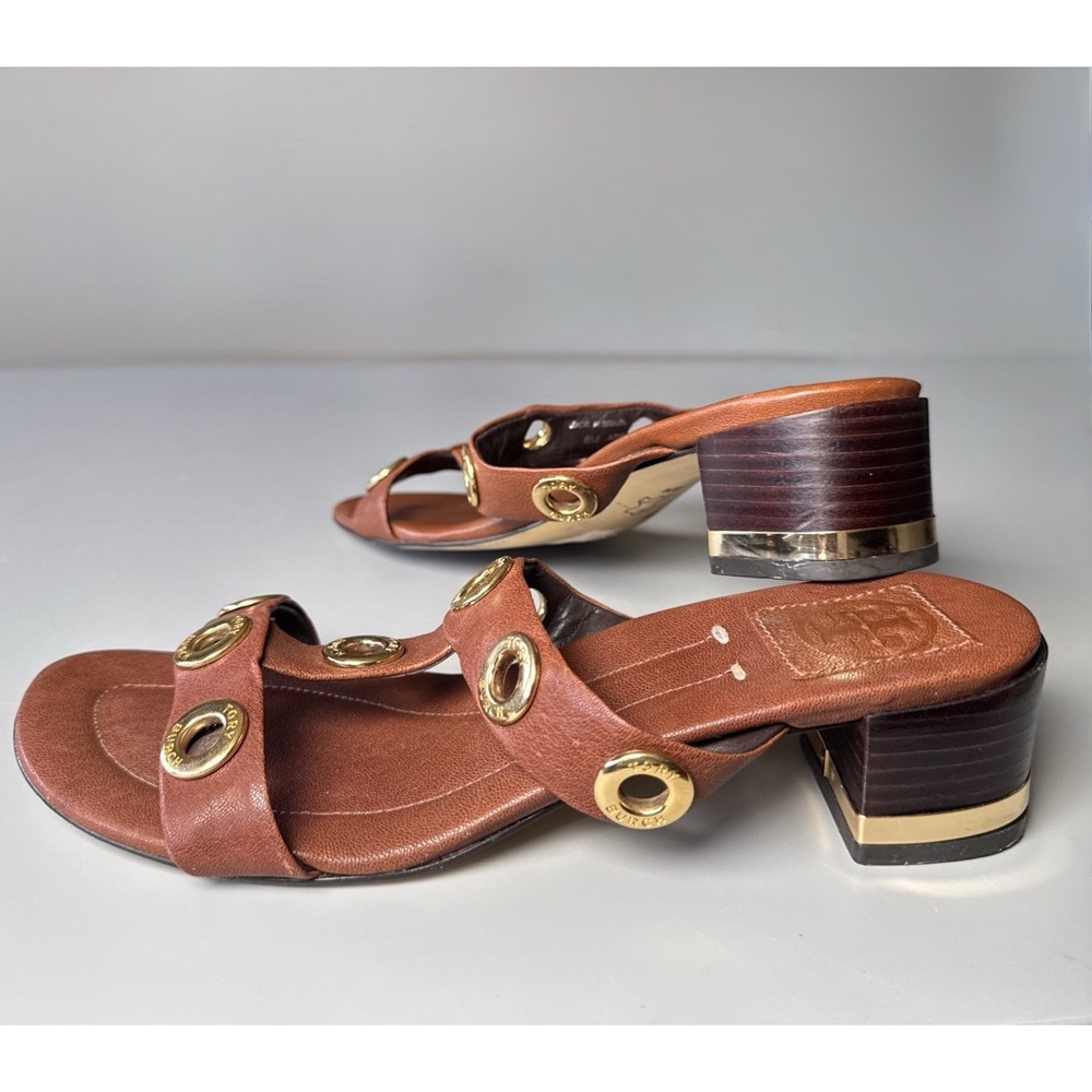 Tory Burch brown Slip On sandals Gold Trim Rivets women's 8 M